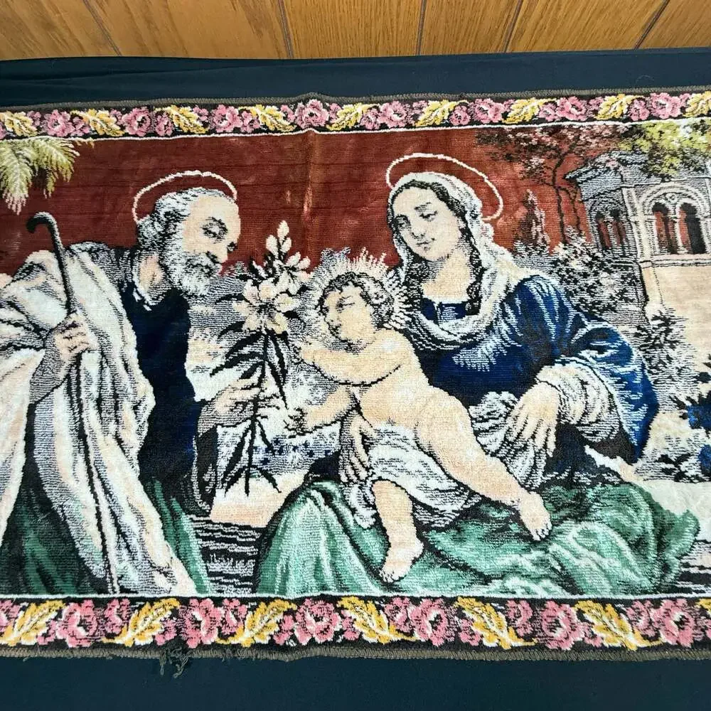 Vintage Holy Family Religious Woven Tapestry Wall Hanging